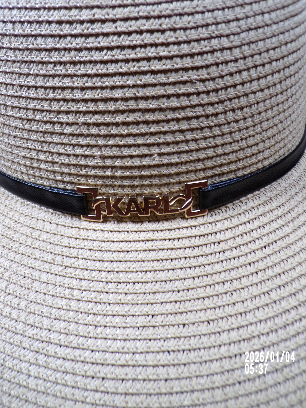 Karl Lagerfeld Straw black trim Gold logo charm Sun Hat*NWT