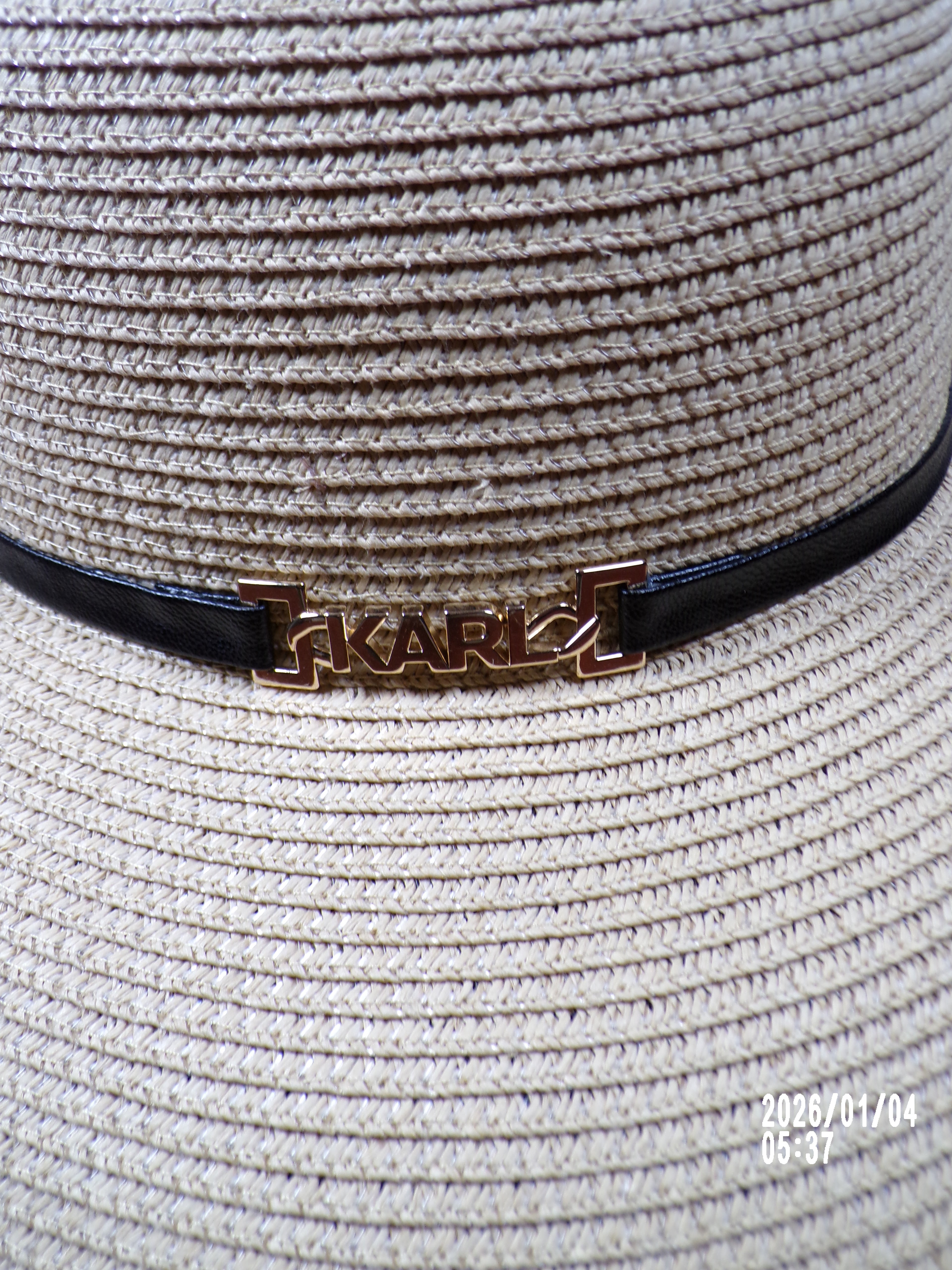 Karl Lagerfeld Straw black trim Gold logo charm Sun Hat*NWT