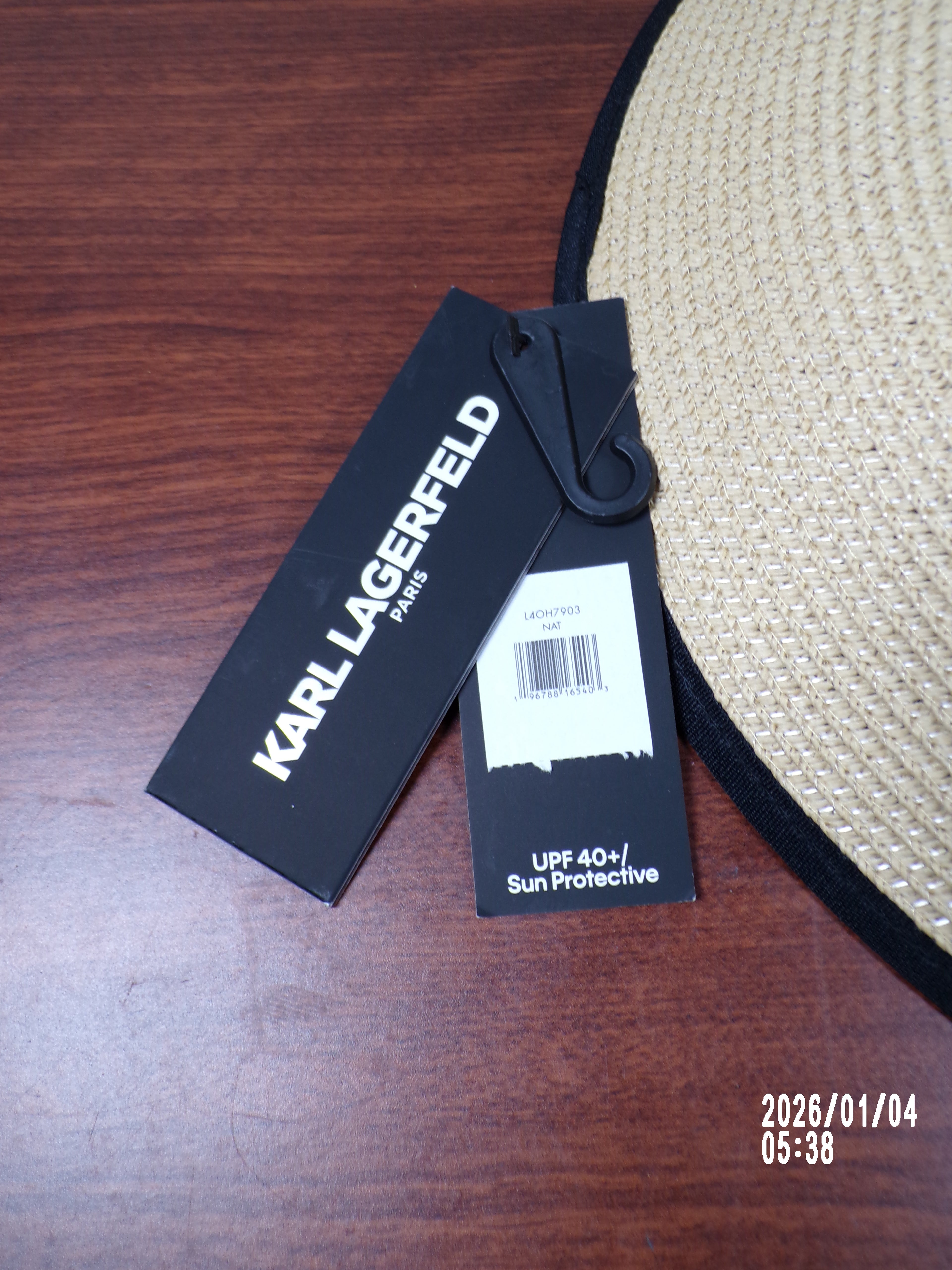 Karl Lagerfeld Straw black trim Gold logo charm Sun Hat*NWT